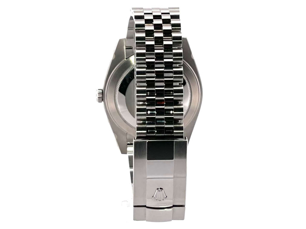 Rückansicht der Rolex Datejust 41 Edelstahl/Weißgold Ref. 126334 mit poliertem und satiniertem Jubile-Armband und Faltschließe.