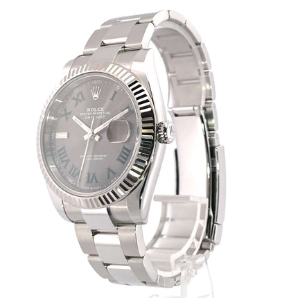 Rolex Datejust 41 Ref. 126334 Rhodium Römisch aus Edelstahl mit Weißgold Lünette, Oyster-Armband und römischen Ziffern.