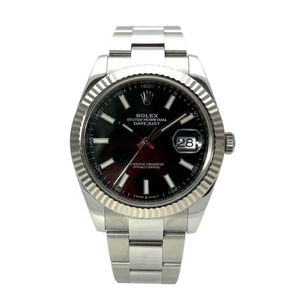 Rolex Datejust 41 Edelstahl Weißgold Ref. 126334 Schwarz mit 18 kt Weißgold Lünette und schwarzem Zifferblatt.