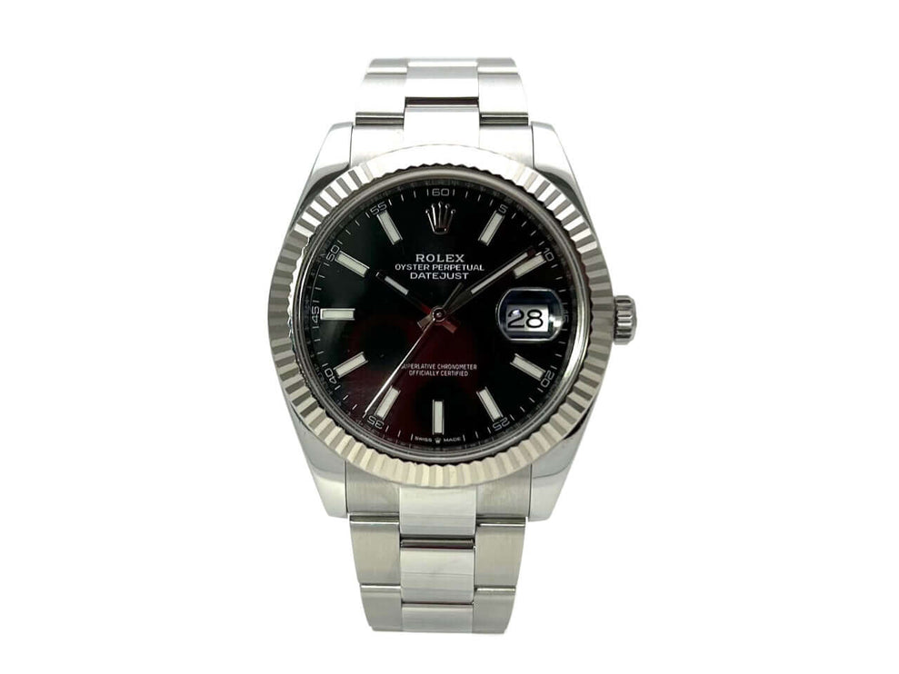 Rolex Datejust 41 Edelstahl Weißgold Ref. 126334 Schwarz mit 18 kt Weißgold Lünette und schwarzem Zifferblatt.