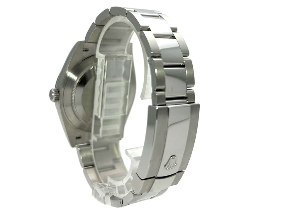 Rückansicht Rolex Datejust 41 Edelstahl Weißgold Ref. 126334, poliertes und satiniertes Edelstahl Oyster Armband mit Faltschließe.