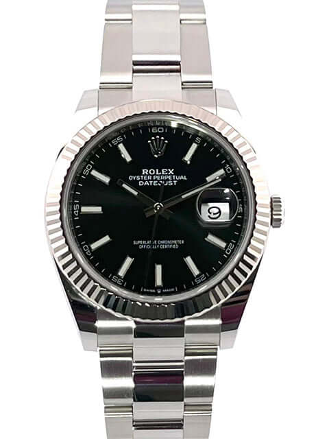 Rolex Datejust 41 Edelstahl Weißgold 126334 Schwarz mit schwarzem Zifferblatt und geriffelter Weißgold-Lünette, Oyster Armband, Model 2021