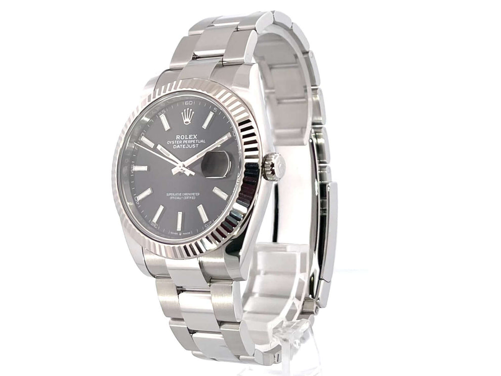 Rolex Datejust 41 Edelstahl Weißgold 126334 Schwarz, poliertes und satiniertes Gehäuse, 41 mm, 18 kt Weißgold Lünette, Oyster Armband, schwarzes Zifferblatt
