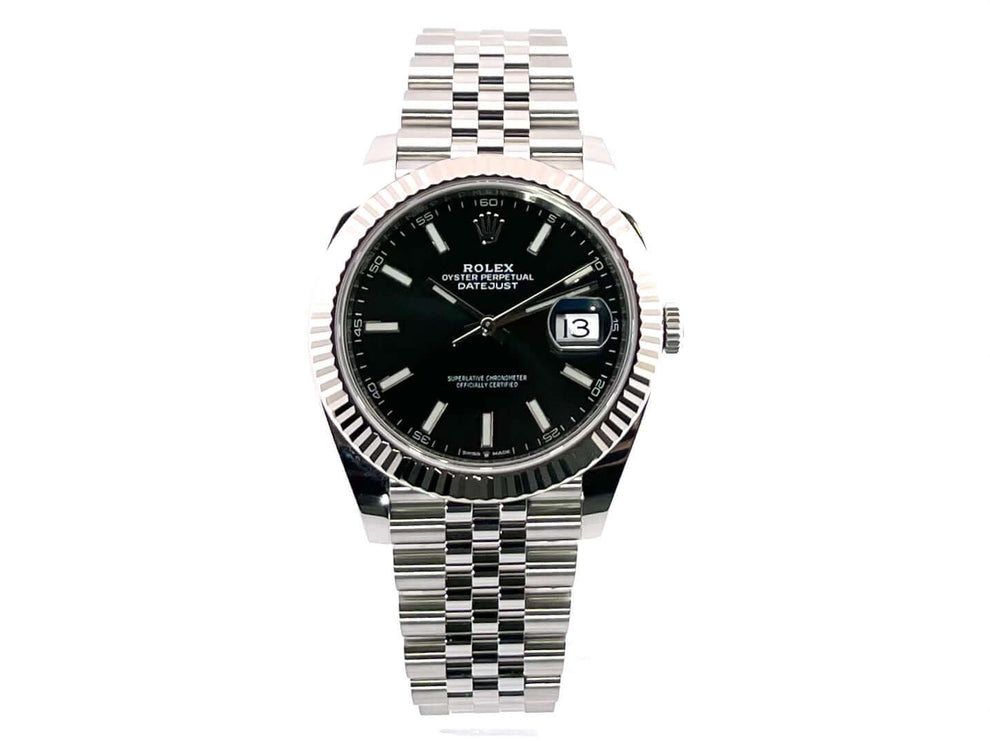 Rolex Datejust 41 Edelstahl Weißgold 126334 Schwarz Jubile-Band, 41 mm Gehäuse, 18 kt Weißgold Lünette, schwarzes Zifferblatt.