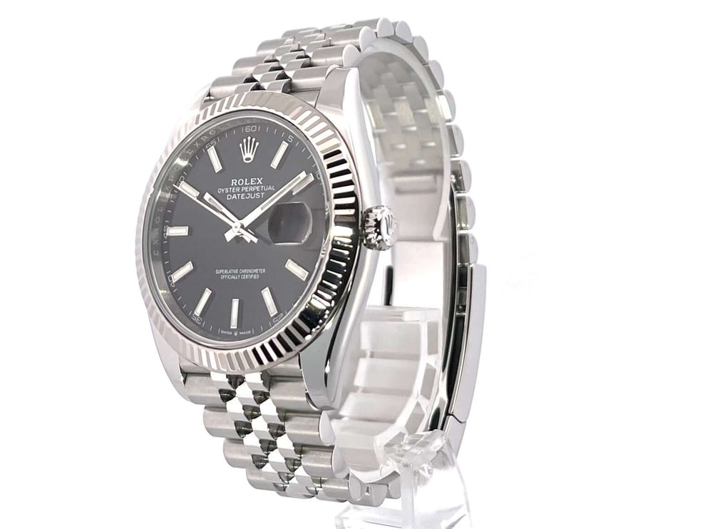 Rolex Datejust 41 Edelstahl Weißgold 126334 mit schwarzem Zifferblatt und Jubile-Band aus Edelstahl, Modell aus 2022