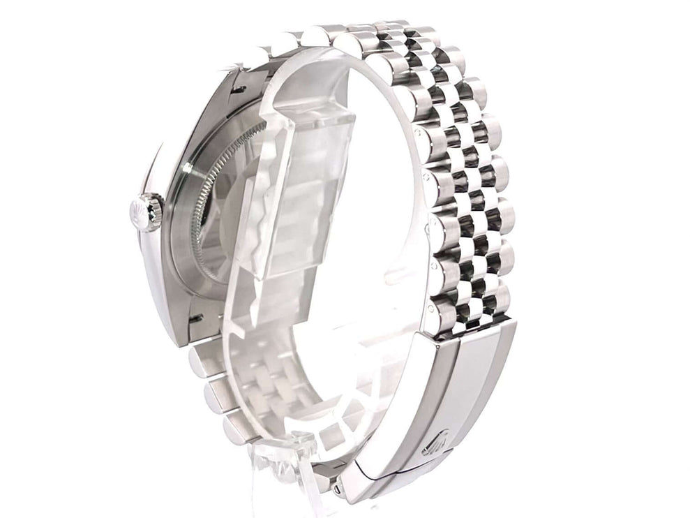 Rückseite Rolex Datejust 41 Edelstahl Weißgold 126334 mit poliertem und satiniertem Edelstahl Jubile-Band und Faltschließe.