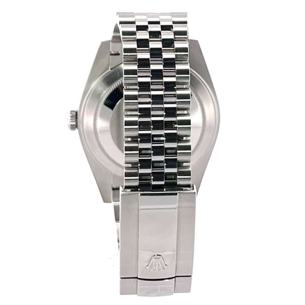 Rückseite der Rolex Datejust 41 Edelstahl Weißgold 126334 mit poliertem und satiniertem Edelstahl-Jubile-Armband und Faltschließe