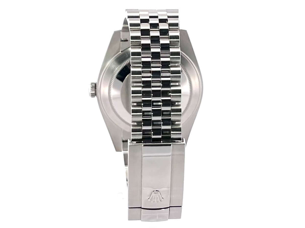 Rückseite der Rolex Datejust 41 Edelstahl Weißgold 126334 mit poliertem und satiniertem Edelstahl-Jubile-Armband und Faltschließe