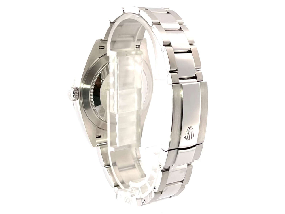 Rückseite Rolex Datejust 41 Edelstahl Weißgold 126334 mit Oyster Armband und Faltschließe.