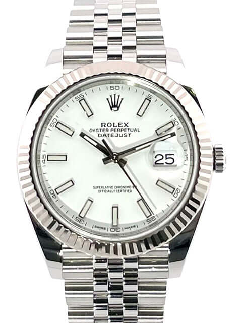 Rolex Datejust 41 Edelstahl Weißgold 126334 mit Weißem Zifferblatt und Jubile-Band, poliertes und satiniertes Gehäuse, 18 kt Weißgold Lünette