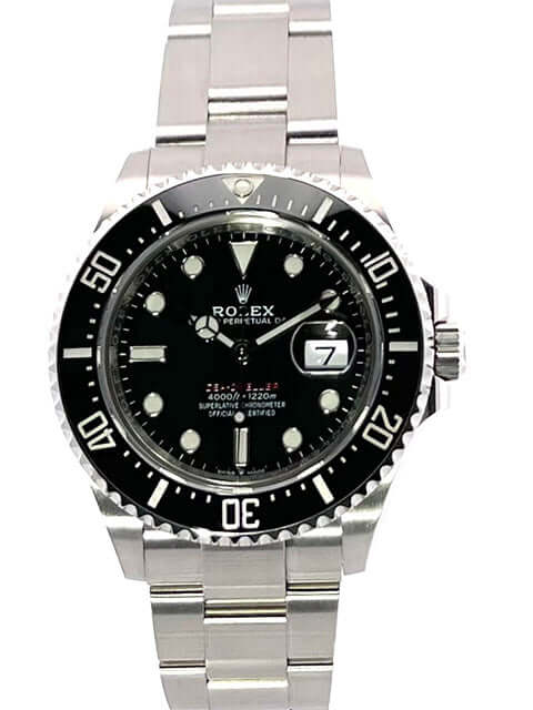 Rolex Sea-Dweller Ref. 126600, Edelstahlgehäuse, schwarze Keramik Lünette, Oyster Edelstahlarmband, schwarzes Zifferblatt mit Leuchtindizes.