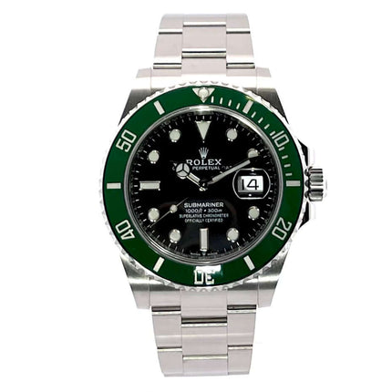 Rolex Submariner Date Edelstahl 126610LV, poliertes und satiniertes 41mm Edelstahlgehäuse, grüne Keramik Lünette, schwarzes Zifferblatt, Oyster Armband.