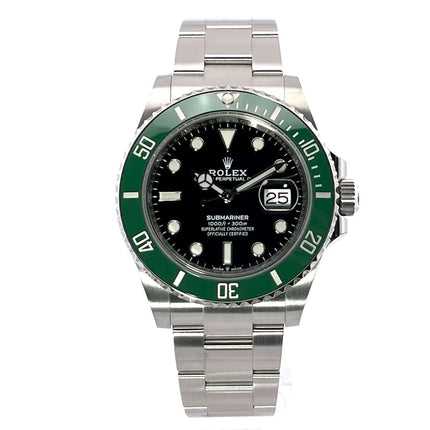 Rolex Submariner Date Edelstahl Ref. 126610LV, Gehäusedurchmesser 41 mm, Edelstahlarmband, schwarze Zifferblatt, grüne Keramik Lünette, Automatikwerk