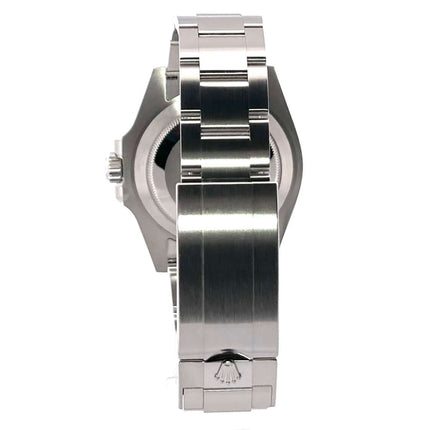 Rückseite des Rolex Submariner Date Edelstahl 126610LV mit poliertem und satiniertem Oyster-Armband und Sicherheitsfaltschließe.