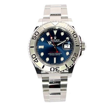Rolex Yacht-Master 40 Oystersteel Platin 126622 Blau mit blauem Zifferblatt und Platinlünette, Edelstahlband, poliert und satiniert.