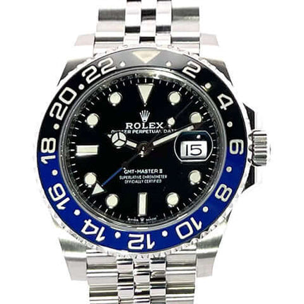 Rolex GMT Master II Edelstahl 126710BLNR, schwarz-blaues Keramik-Zifferblatt, Edelstahlarmband, poliert und satiniert, 24-Stunden-Skala.