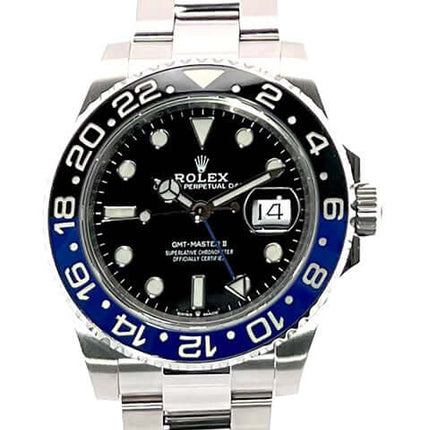 Rolex GMT Master II Edelstahl 126710BLNR mit schwarzem Zifferblatt und schwarz/blauer Keramik Lünette, Oyster-Edelstahlarmband