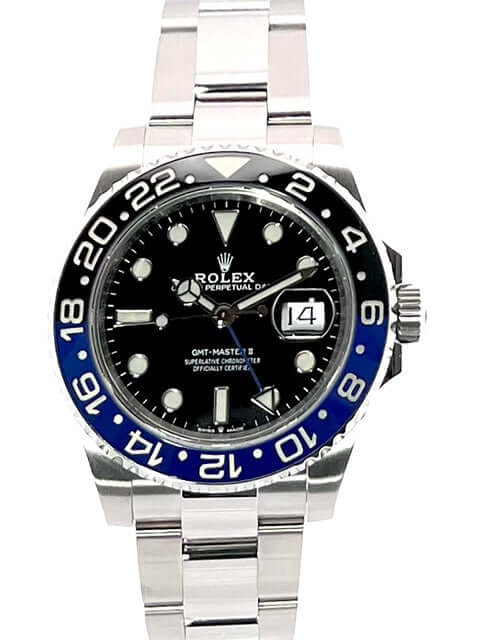 Rolex GMT Master II Edelstahl 126710BLNR mit schwarzem Zifferblatt und schwarz/blauer Keramik Lünette, Oyster-Edelstahlarmband