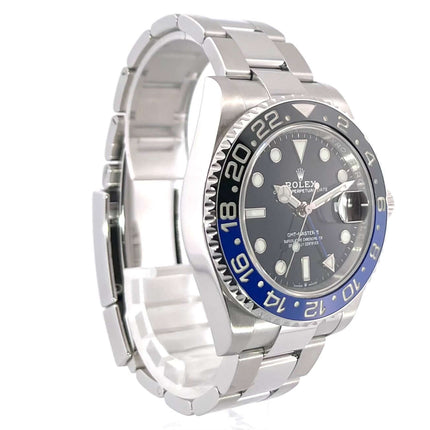 Rolex GMT Master II Edelstahl 126710BLNR, polierte Edelstahl-Lünette mit schwarz/blauer Keramik, Oyster-Band, schwarzes Zifferblatt.