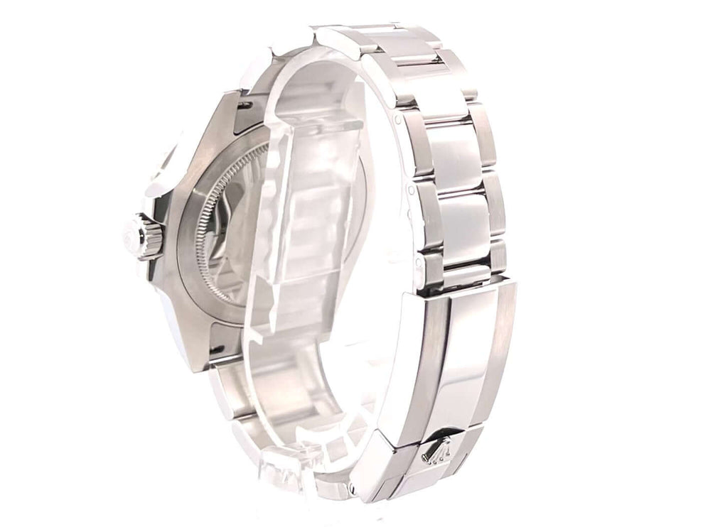 Rückseite des Rolex GMT Master II Edelstahl 126710BLNR Oyster-Band, poliertes und satiniertes Edelstahlgehäuse und -armband