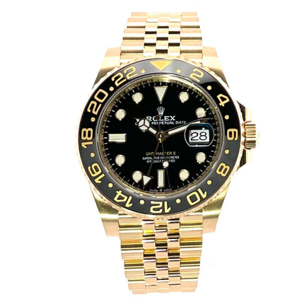 Rolex GMT-Master II Gelbgold 126718GRNR Uhr mit schwarzem Zifferblatt und 18k Gelbgold Jubilee-Band
