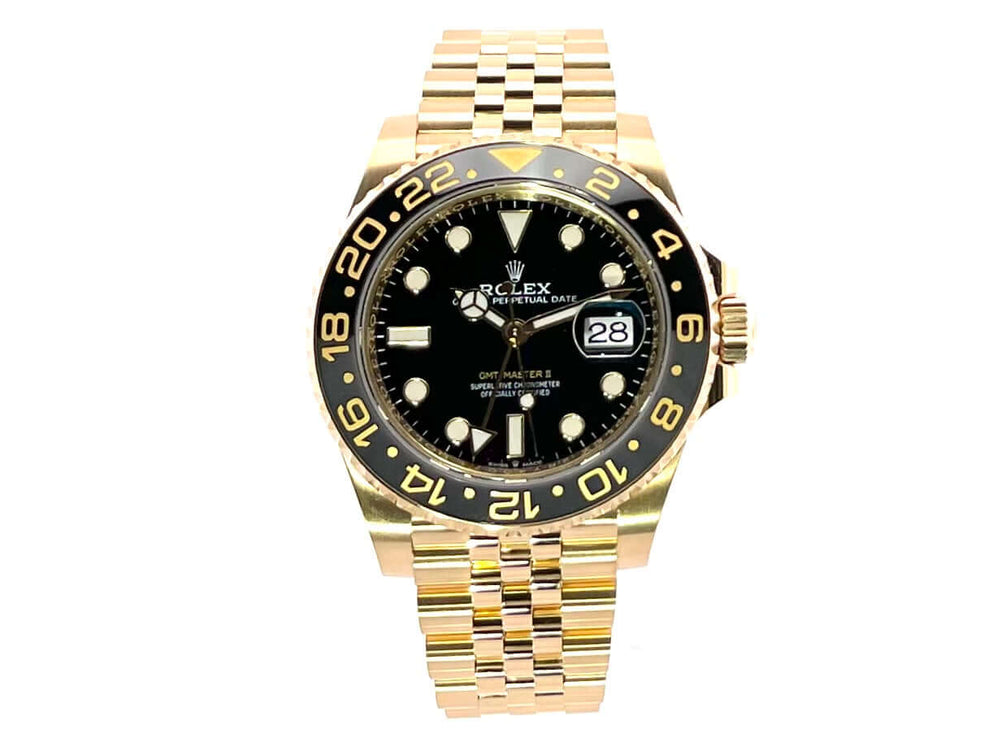 Rolex GMT-Master II Gelbgold 126718GRNR Uhr mit schwarzem Zifferblatt und 18k Gelbgold Jubilee-Band