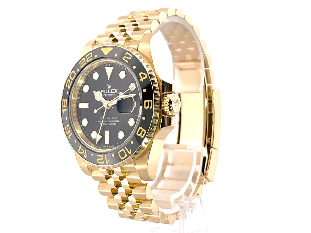 Rolex GMT-Master II 126718GRNR aus 18k Gelbgold, schwarze Cerachrom-Lünette, Jubilee-Band, Automatik, schwarze Zifferblatt, Datumsanzeige