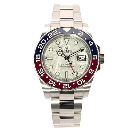 Rolex GMT Master II Weißgold 126719BLRO Meteorit aus 2021 mit blau/roter Keramik Lünette und 18 kt Weißgold Gehäuse und Armband.