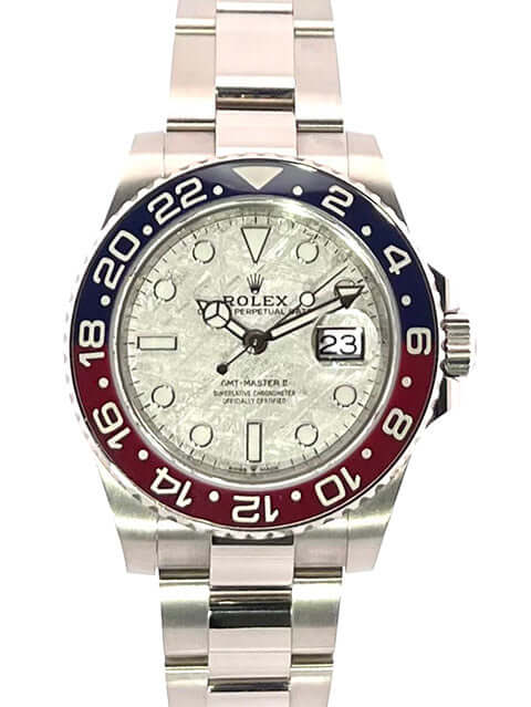 Rolex GMT Master II Weißgold 126719BLRO Meteorit 18 kt, blau/rote Keramik Lünette, 40 mm, Oyster Armband, leuchtende Indizes, weißgoldene Uhr