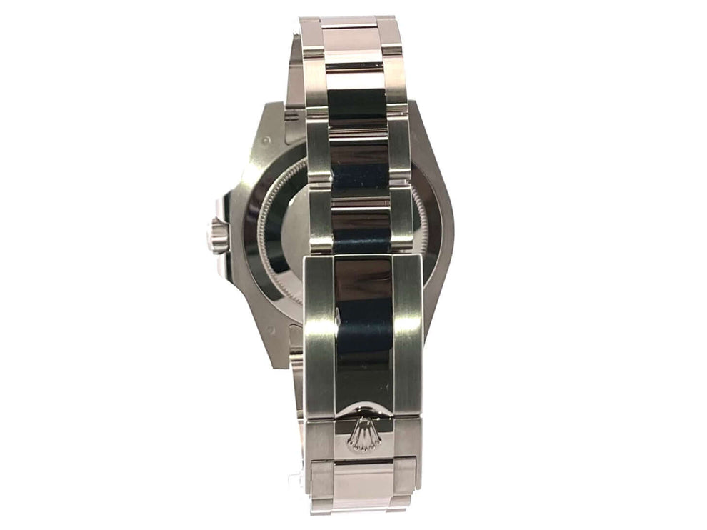 Rückansicht der Rolex GMT Master II Weißgold 126719BLRO Meteorit mit poliertem Oyster Armband und Sicherheitsfaltschließe.