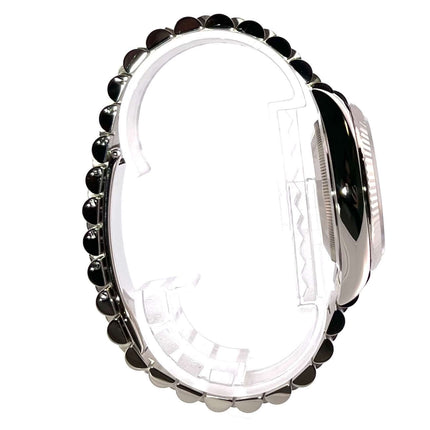 Rolex Day-Date 36 Weißgold 128239 Seitenansicht aus rosa Opal Diamant, Präsident Armband, poliert und satiniert.