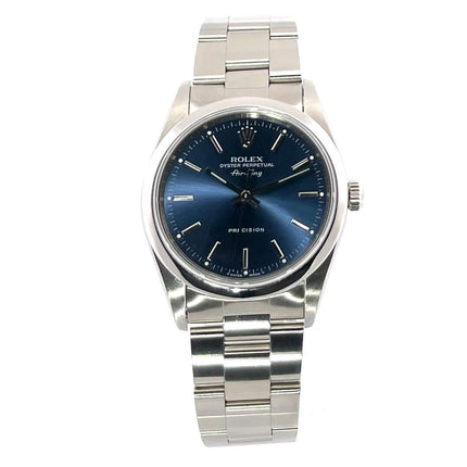 Rolex Oyster Air-King 34 Ref. 14000 mit blauem Zifferblatt, poliertes und satiniertes Edelstahlgehäuse und Band, Uhr aus 1998 in sehr gutem Zustand.