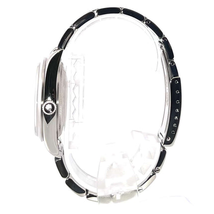 Seitenansicht der Rolex Oyster Air-King 34 Ref. 14000 Blau mit Edelstahl-Gehäuse und poliertem Edelstahlband.