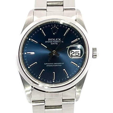 Rolex Oyster Perpetual Date 34 15200 Blau Edelstahl Gehäuse poliert, blaues Zifferblatt, Edelstahlband mit Faltschließe, Datumsanzeige.
