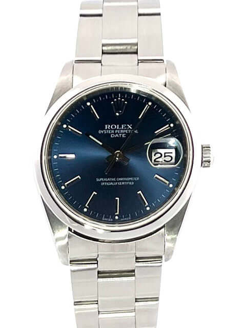 Rolex Oyster Perpetual Date 34 15200 Blau Edelstahl Gehäuse poliert, blaues Zifferblatt, Edelstahlband mit Faltschließe, Datumsanzeige.