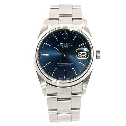 Rolex Oyster Perpetual Date 34 15200 Blau mit Edelstahlgehäuse, blauem Zifferblatt und Edelstahlband, Datum und Automatikwerk 3135.