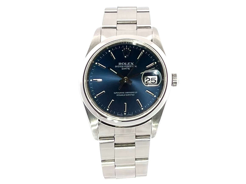 Rolex Oyster Perpetual Date 34 15200 Blau mit Edelstahlgehäuse, blauem Zifferblatt und Edelstahlband, Datum und Automatikwerk 3135.