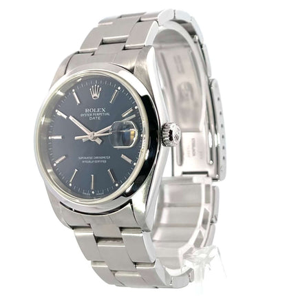 Rolex Oyster Perpetual Date 34 15200 Blau, poliertes und satiniertes Edelstahlgehäuse, blaues Zifferblatt, Oyster Edelstahlarmband.