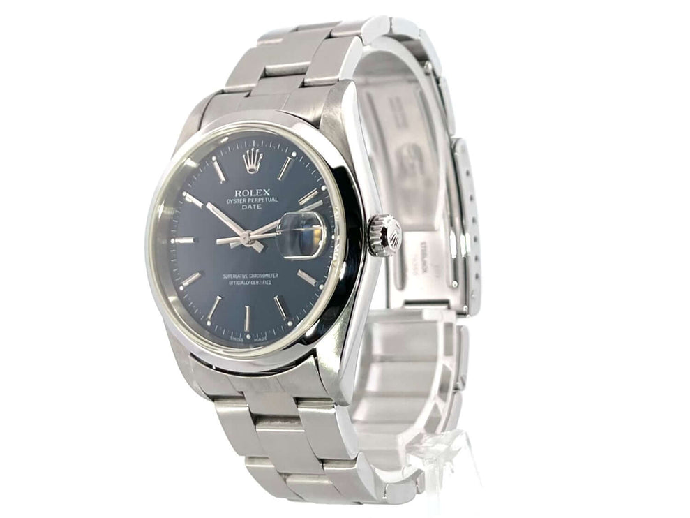 Rolex Oyster Perpetual Date 34 15200 Blau, poliertes und satiniertes Edelstahlgehäuse, blaues Zifferblatt, Oyster Edelstahlarmband.