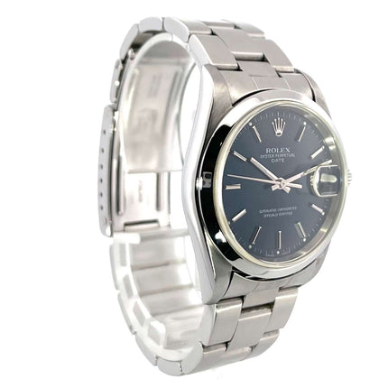 Rolex Oyster Perpetual Date 34 15200, Edelstahlgehäuse und -band, blaues Zifferblatt, automatisches Uhrwerk, polierte Lünette.