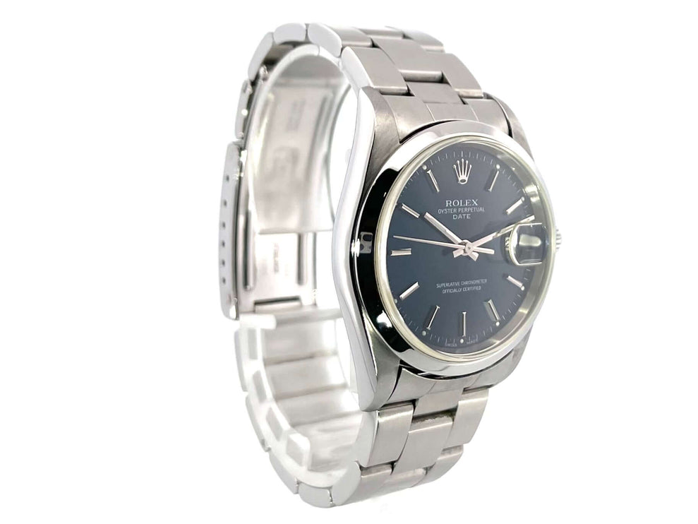 Rolex Oyster Perpetual Date 34 15200, Edelstahlgehäuse und -band, blaues Zifferblatt, automatisches Uhrwerk, polierte Lünette.