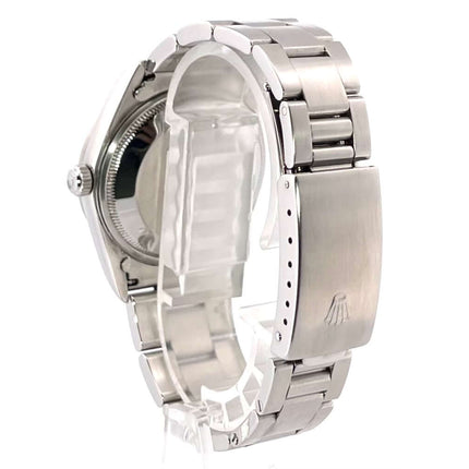 Rückseite der Rolex Oyster Perpetual Date 34 15200 Blau mit poliertem Edelstahlgehäuse und satiniertem Oyster-Armband mit Faltschließe.