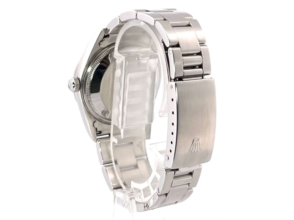 Rückseite der Rolex Oyster Perpetual Date 34 15200 Blau mit poliertem Edelstahlgehäuse und satiniertem Oyster-Armband mit Faltschließe.