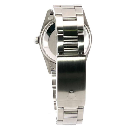 Rückansicht des Rolex Oyster Perpetual Date 34 15200 Blau mit poliertem Edelstahlband und Faltschließe.