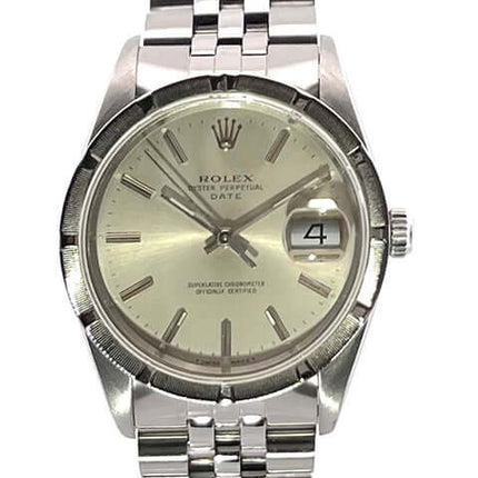 Rolex Oyster Perpetual Date 34 Ref. 15210 mit silbernem Zifferblatt und Edelstahl Jubile-Band, 1993 Modell.