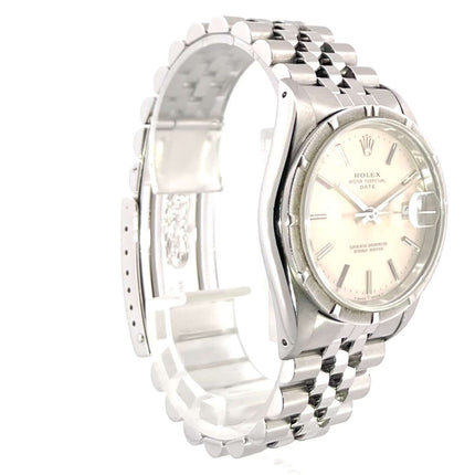 Rolex Oyster Perpetual Date 34 Ref. 15210 Edelstahl Silber Jubile-Band mit geriffelter Lünette und silberfarbenem Zifferblatt, Baujahr 1993