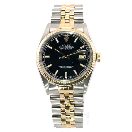 Rolex Datejust 36 Edelstahl/Gelbgold 16013 Schwarz, poliertes Stahluhrgehäuse, 36 mm, schwarzes Zifferblatt, Jubilee-Armband, autom. Uhrwerk.