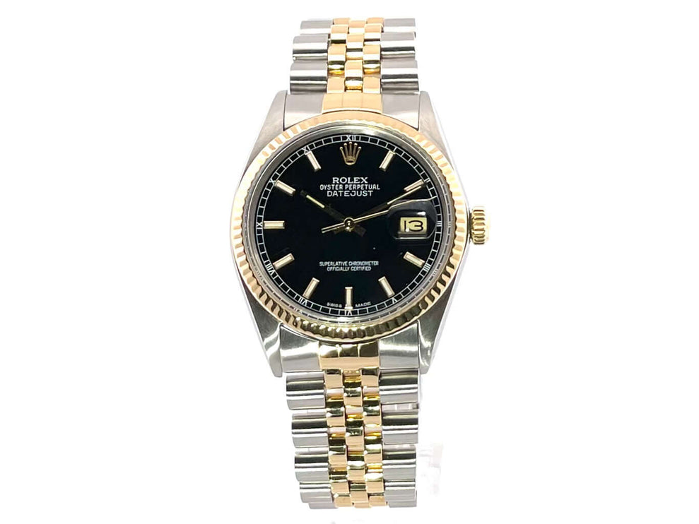 Rolex Datejust 36 Edelstahl/Gelbgold 16013 Schwarz, poliertes Stahluhrgehäuse, 36 mm, schwarzes Zifferblatt, Jubilee-Armband, autom. Uhrwerk.