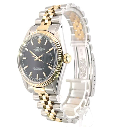 Rolex Datejust 36 Edelstahl Gelbgold 16013 Schwarz, jubilee Armband, geriffelte Lünette, schwarzes Zifferblatt, Automatikwerk, Chronometer.