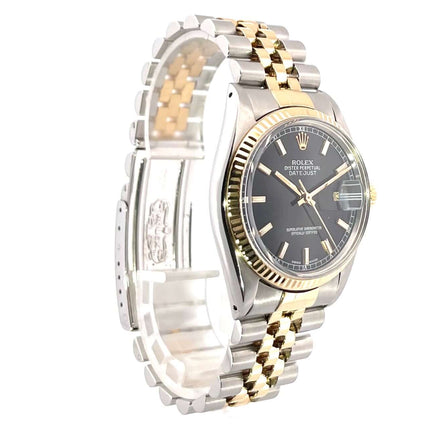 Rolex Datejust 36 Edelstahl Gelbgold 16013 Schwarz, schwarzes Zifferblatt, Jubiläumsarmband, geriffelte Gelbgold-Lünette, poliert und satiniert
